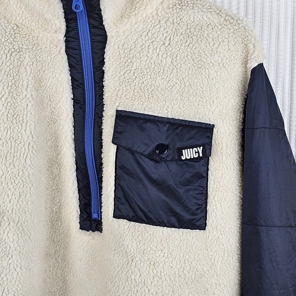 Juicy Couture sherpa and nylon mixed pull over Small Beige Blue Quilted Sleeves - Picture 2 of 9